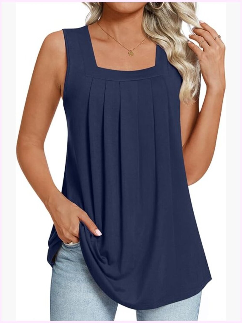 Sleeveless Square Neck Tank Top Tunic - Loose Fit Rayon